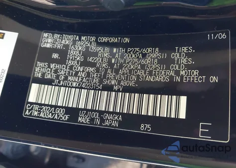 2007 Lexus Lx 470 z USA, uszkodzony, nr VIN JTJHT00WX74023154